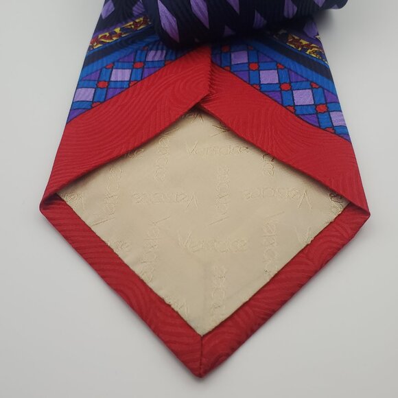VTG VERSACE Men's Silk Tie Mandala Emblem Design Geometric Pattern Red Blue - Picture 5 of 10